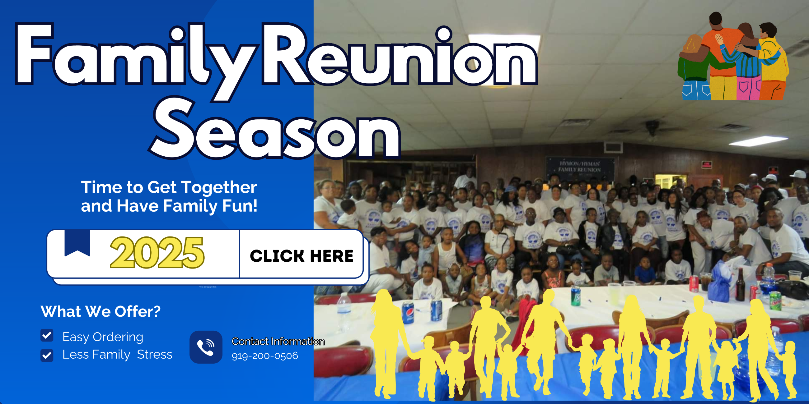Promotional banner for Family Reunion Season with people at a reunion event.